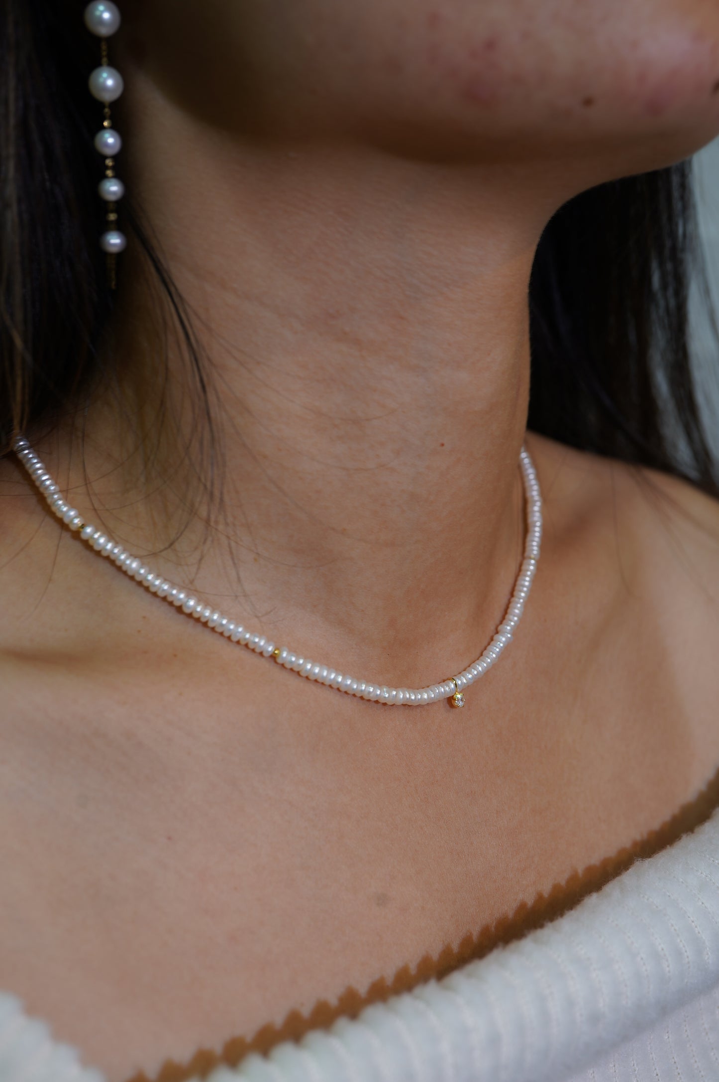 Little Gold Diamond Freshwater Pearl Full Strand Necklace