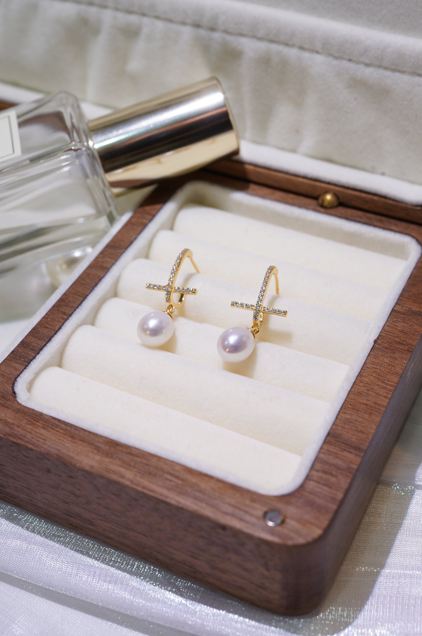 Cross Diamond Freshwater Pearl Earrings