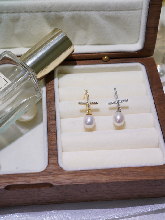 Cross Diamond Freshwater Pearl Earrings