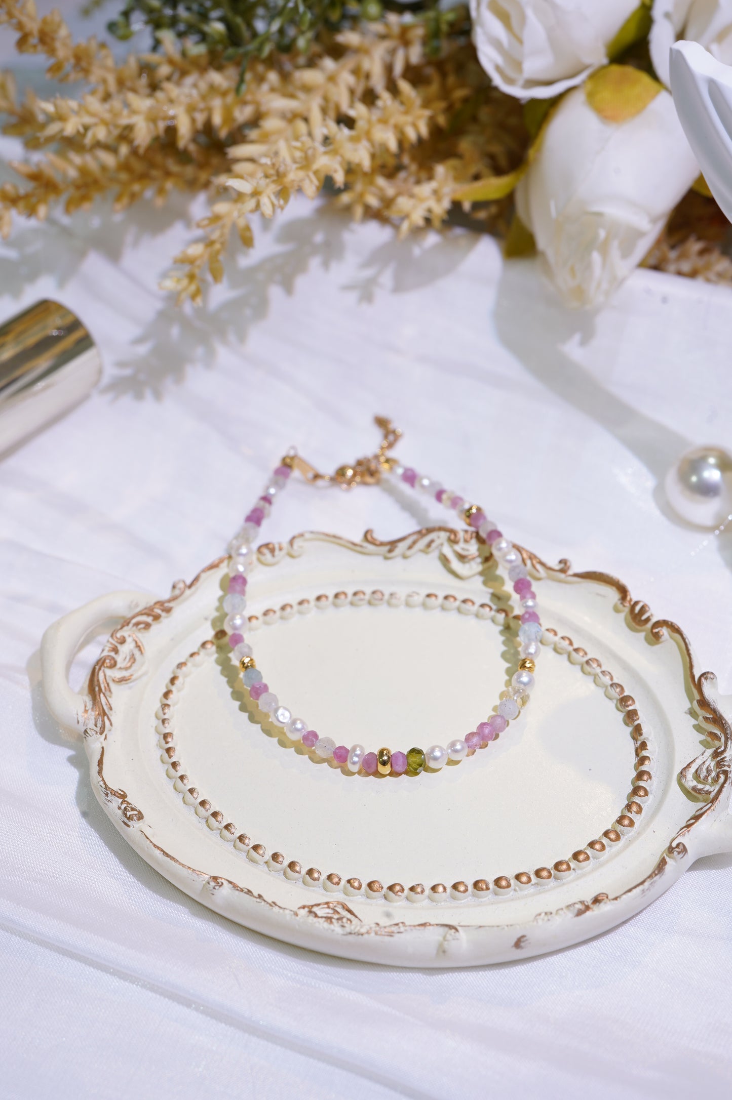 Pink Tourmaline Baby Freshwater Pearls Bracelet