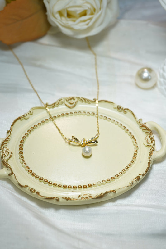 Surprise Half Bow Round Freshwater Pearl Necklace