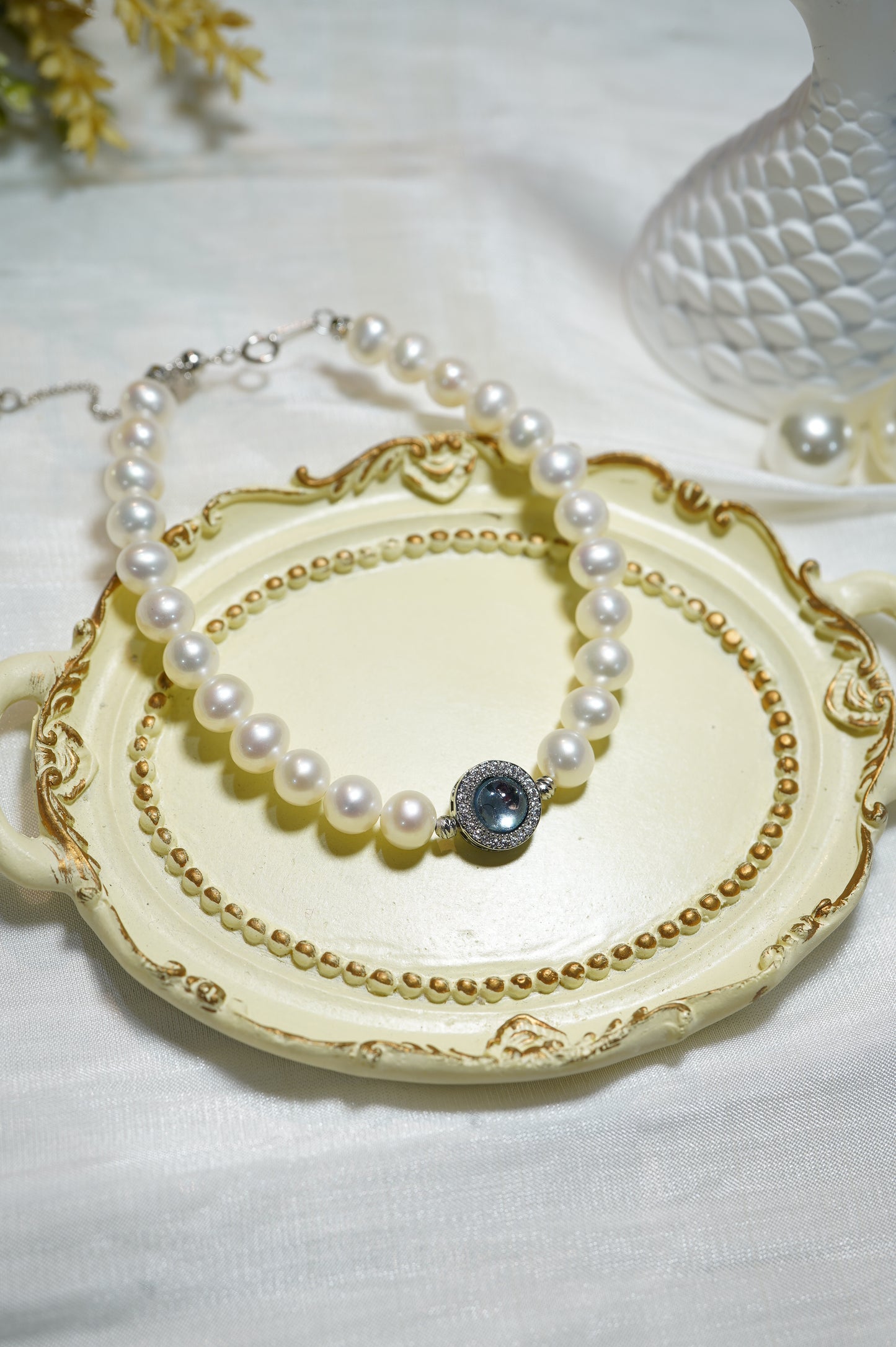Diamonds Aquamarine Freshwater Pearl Bracelet