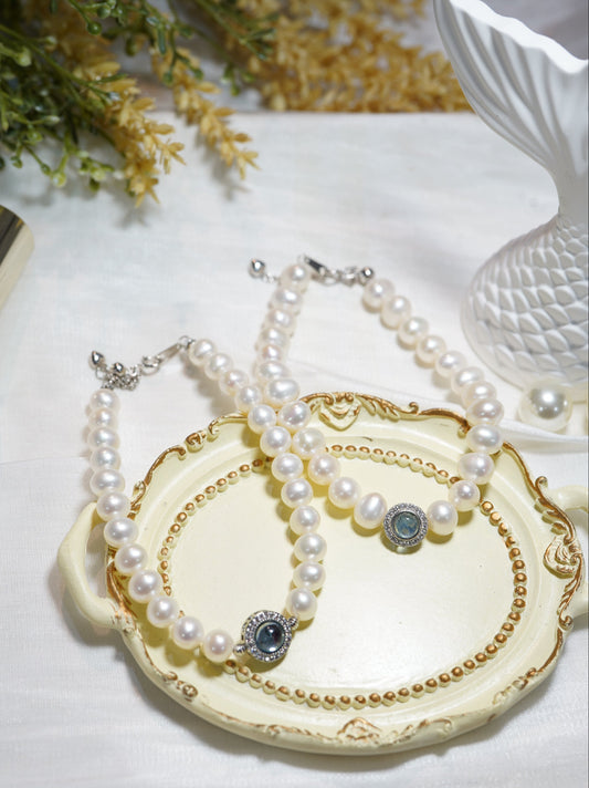 Diamonds Aquamarine Freshwater Pearl Bracelet