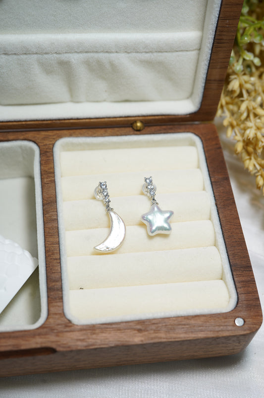 Diamond Moon and Star Freshwater Pearl Earrings