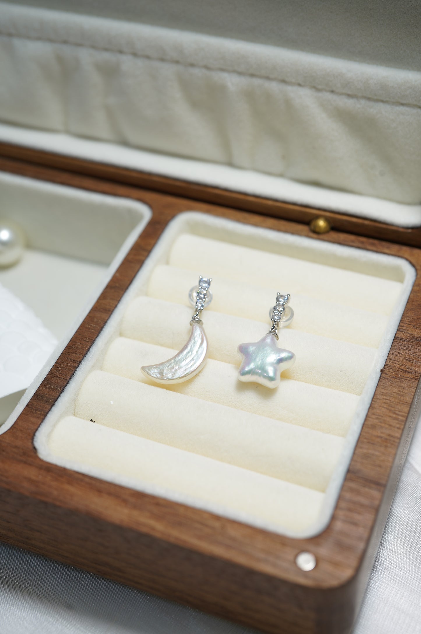 Diamond Moon and Star Freshwater Pearl Earrings