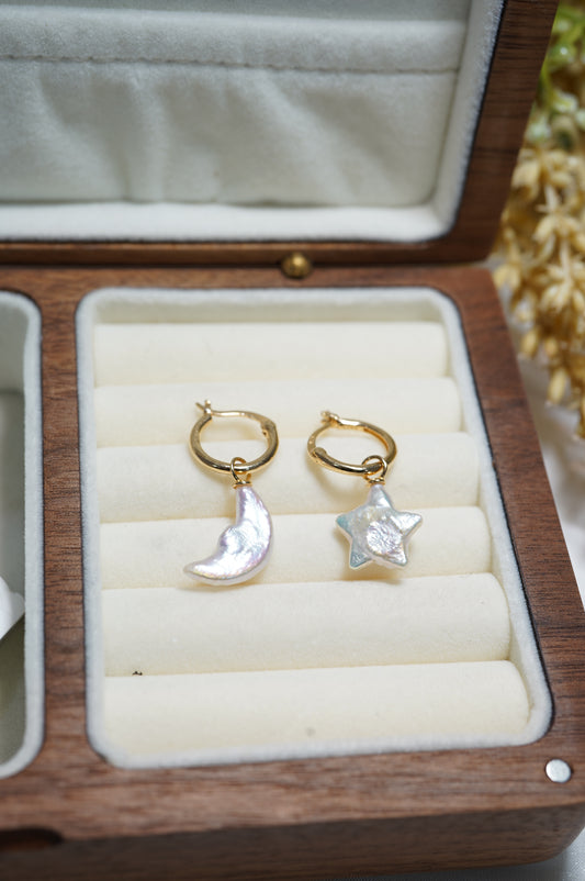 Moon & Star Hoop Freshwater Pearl Earrings