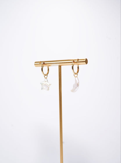 Moon & Star Hoop Freshwater Pearl Earrings