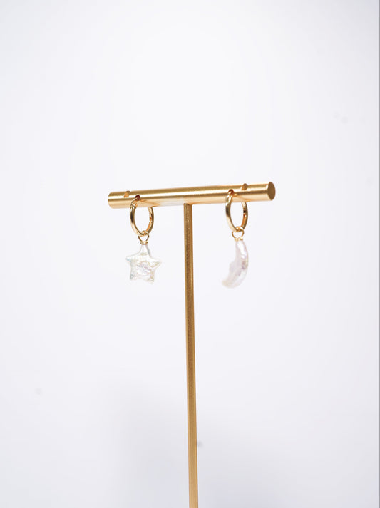 Moon & Star Hoop Freshwater Pearl Earrings