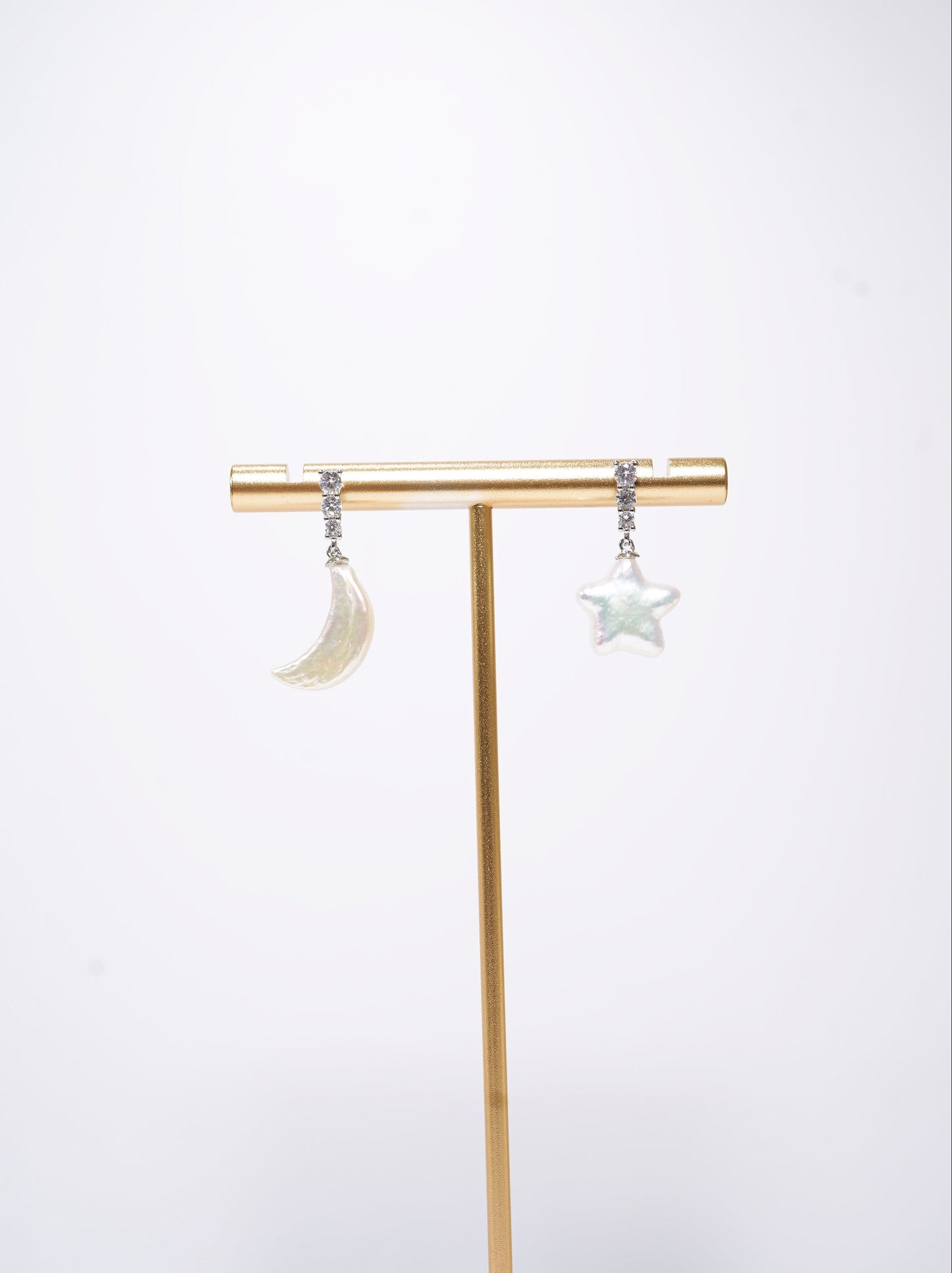 Diamond Moon and Star Freshwater Pearl Earrings