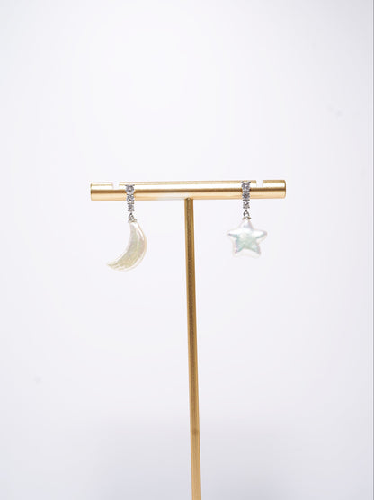 Diamond Moon and Star Freshwater Pearl Earrings